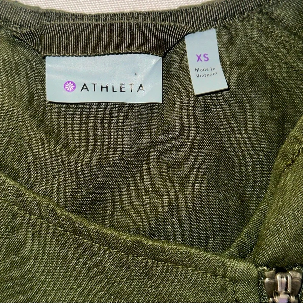Athleta Linen Vest Top Army Green XS Zip Up Tie Waist Pockets Military Biker - Picture 5 of 8